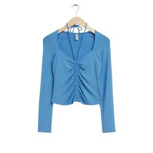 & Other Stories ruched fitted drawstring neck gatherd long sleeve blue top Large